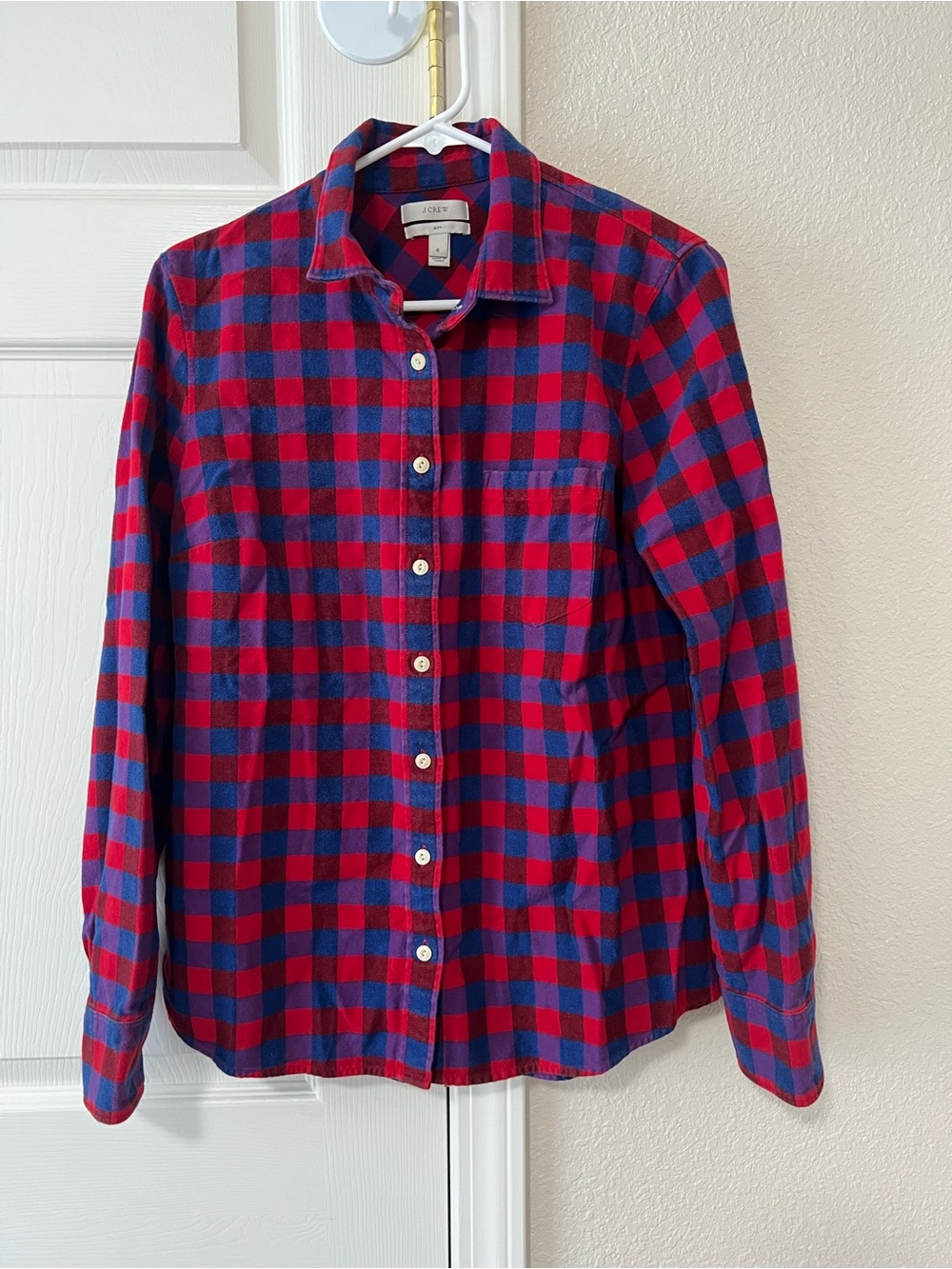 J.Crew Boy Shirt Poppy Plaid Flannel Red Blue Cotton Button Down Size 6